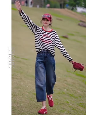 夏季套装女2025新款字母条纹撞色透气防晒上衣小衫九分牛仔直筒裤