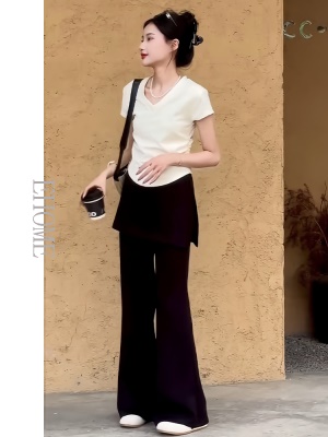 夏季套装女2025新款盐系气质修身短袖T恤设计感裙搭假两件阔腿裤