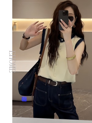 今年流行的漂亮套装夏季新款撞色拼接无袖上衣高腰显瘦阔腿牛仔裤