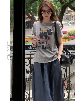 夏季套装女2025新款韩系减龄卡通小狗印花短袖T恤百搭显瘦半身裙
