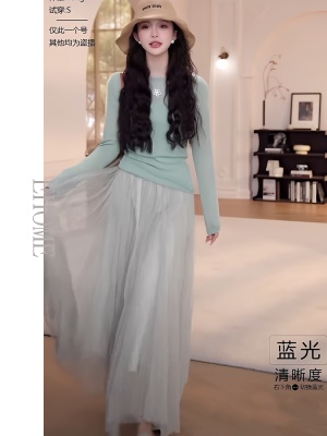 绝美开春小套装薄荷小清新显瘦防晒针织衫上衣气质百搭网纱半身裙