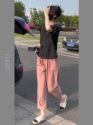 夏季梨形身材穿搭盐系减龄轻熟圆领泡泡袖衬衣九分阔腿裤两件套装
