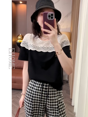 套装女夏法式气质蕾丝拼接短袖T恤上衣百搭黑白格子休闲直筒裤