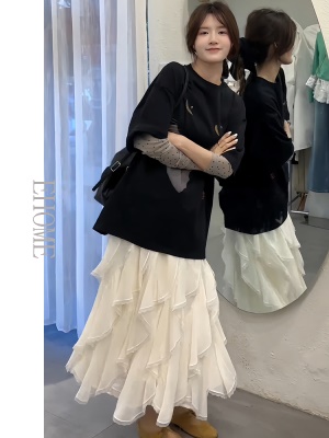 夏日绝美套装穿搭卡通猫咪网纱波点长袖假两件宽松T恤花边裙子