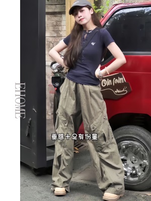 又酷又飒的穿搭套装学院风超显瘦刺绣字母T恤上衣阔腿拖地工装裤