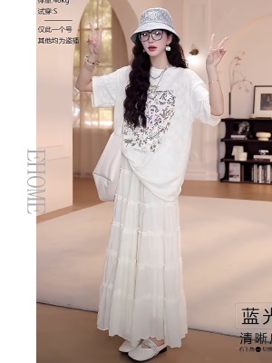 夏季减龄一整套穿搭气质百搭蕾丝提花短袖T恤显瘦压褶蛋糕半身裙