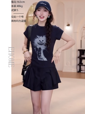 夏日漂亮小套装韩系减龄卡通抽象小龙短袖T恤显瘦气质百搭裙裤女