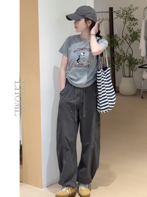 韩系慵懒chic套装卡通老鼠印花侧边抽绳收腰短袖T恤束脚阔腿裤夏