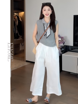 夏天巨好看的套装韩系丝巾翻领针织无袖上衣慵懒风下摆镂空阔腿裤