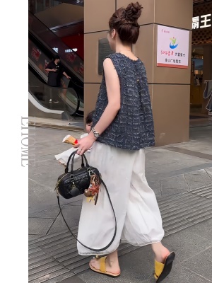 独特绝美夏天小套装韩系百搭时尚气质淑女小香风无袖上衣阔腿裤