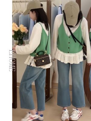 2025超火春装一整套木耳边长袖打底衫V领吊带针织马甲九分牛仔裤