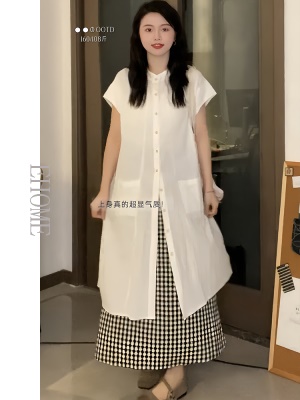 夏装搭配一整套百搭宽松设计感长款时尚短袖无领衬衫连衣裙套装女