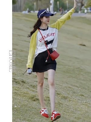 大方得体穿搭两件套减龄猫咪图案撞色长袖防晒上衣百搭牛仔半身裙