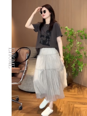 夏日漂亮小套装美式复古印花宽松百搭短袖T恤A字大摆网纱半身裙