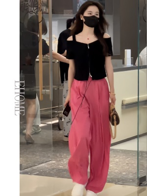 盐系轻熟两件套装拉链一字领吊带露肩小衫多巴胺防晒凉凉休闲裤女