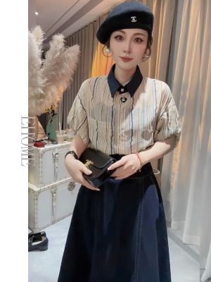 欧货洋气花苞袖竖条纹短袖小衫上衣高腰设计感牛仔半身裙子套装女