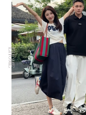 韩系夏日穿搭一整套侧边扣字母短袖针织衫直筒显瘦中长款半身裙女