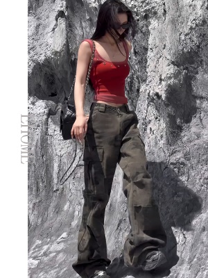 美式街头风甜辣渐变色U领背心复古个性多口袋宽松拖地迷彩工装裤