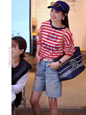 套装女2025新款韩系减龄条纹撞色拼接防晒衫高腰显瘦宽松牛仔短裤