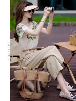 松弛感穿搭套装夏季百搭圆领彩虹拼色针织短袖上衣宽松显瘦九分裤