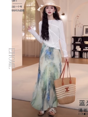 夏日绝美穿搭套装洋气减龄蕾丝花边长袖T恤松紧腰褶皱花色半身裙