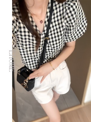 夏装搭配一整套轻熟时尚后背绑带收腰格子泡泡短袖衬衫短裤套装女