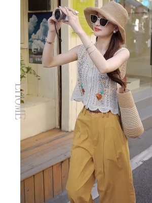独特绝美小套装夏季新款法式镂空刺绣无袖短款背心直筒阔腿休闲裤