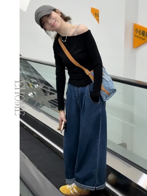 女装2025新款春装韩系气质露肩T恤上衣百搭宽松休闲直筒阔腿裤女