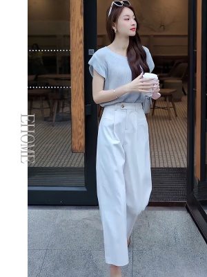 欧货时尚套装夏季新款后背镂空短袖针织T恤高腰薄款松紧腰九分裤