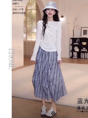 清纯系夏日穿搭套装蕾丝花边长袖T恤上衣百搭不规则格子半身裙女