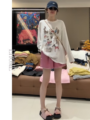 趣味狗狗印花字母刺绣防晒T恤上衣高腰百搭时尚洋气短裤套装女夏