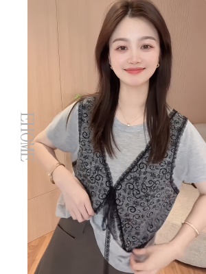 巨好看的夏装套装减龄气质蕾丝拼接假两件短袖T恤九分牛仔直筒裤