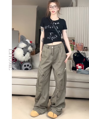 美式辣妹斜肩短袖t恤设计感一字露肩上衣复古宽松百搭拖地工装裤