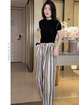 今年流行的夏装圆领波浪边拼接高弹力天丝T恤彩色竖条纹休闲裤女