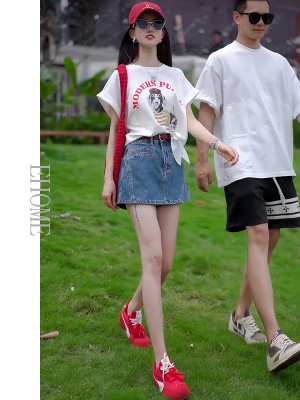 夏季套装女2025新款美式复古圆领狗狗印花绑带短袖T恤牛仔短裙裤