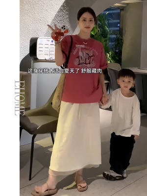 夏日漂亮小套装韩系显白卡通印花百搭休闲T恤温柔松紧腰半身裙女