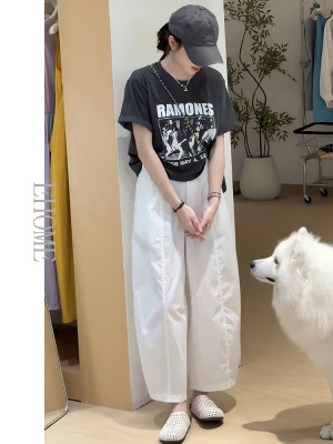 夏天巨好看的套装女夏新款百搭圆领字母印花短袖T恤休闲弯刀长裤