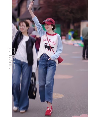 2025超火春装一整套韩系卡通猫咪撞色拼接针织衫上衣直筒牛仔裤女