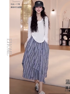 夏季套装女2025新款U领蕾丝花边长袖T恤百搭气质不规则格子半身裙