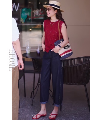 2025超火夏装一整套韩系镂空蕾丝花边无袖背心上衣百搭哈伦牛仔裤